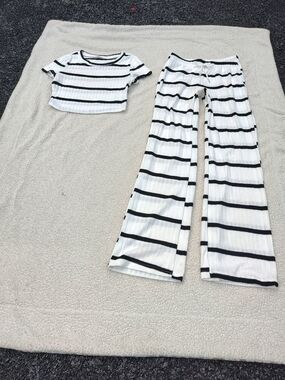 Striped White and Navy Blue Wide-Leg Flare Pants With Matching Crop Top